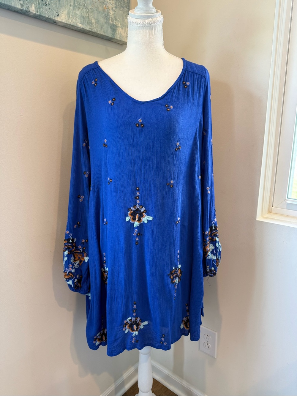 Free People Boho Royal Blue Embroidered Midi Dress Small